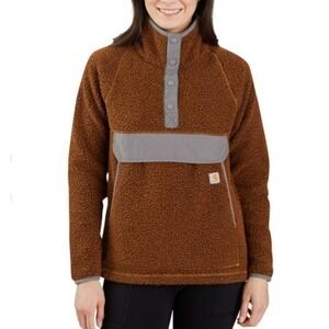 Carhartt Women's Relaxed Fit Fleece Pullover Snap Front Pockets Sherpa Brown